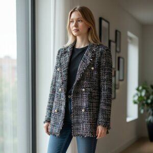 NWT FRESH TWIST TWEEDGLITTER THREAD MULTICOLOR PEARL BUTTON BLAZER JACKET